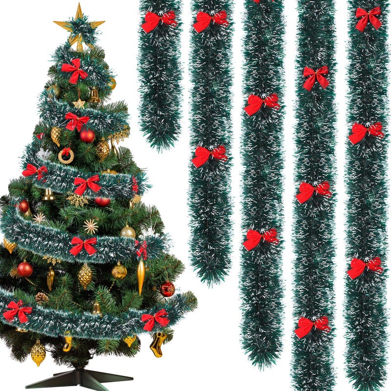 Yilloog 50ft Christmas Tinsel Garland with 38 Red Bows Metallic Christmas Tree Garland Hanging Wreath Decorations Vintage Tinsel Wreaths for Xmas Holiday Indoor Outdoor Party SuppliesWhite