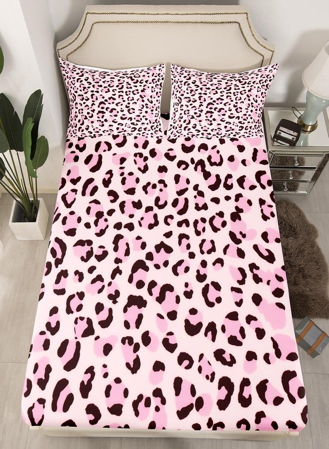 Feelyou Pink Leopard Print Sheet Set Full Size Kids Cheetah Bed Sheets Set for Boys Girls Teens Animal Print Sheets with Deep Pocket Fitted Sheet Breathable Safari Bedding Set Room Decor Bed Set - Image 3