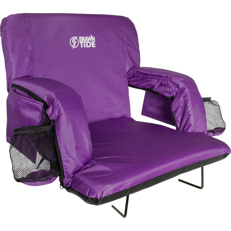BRAWNTIDE Wide Stadium Seat for Bleachers - Stadium Chair with Back Support, Thick Comfy Cushion, 2 Steel Bleacher Hooks, 4 Pockets, Ideal for Sporting Events, Camping (Purple, Wide Size)