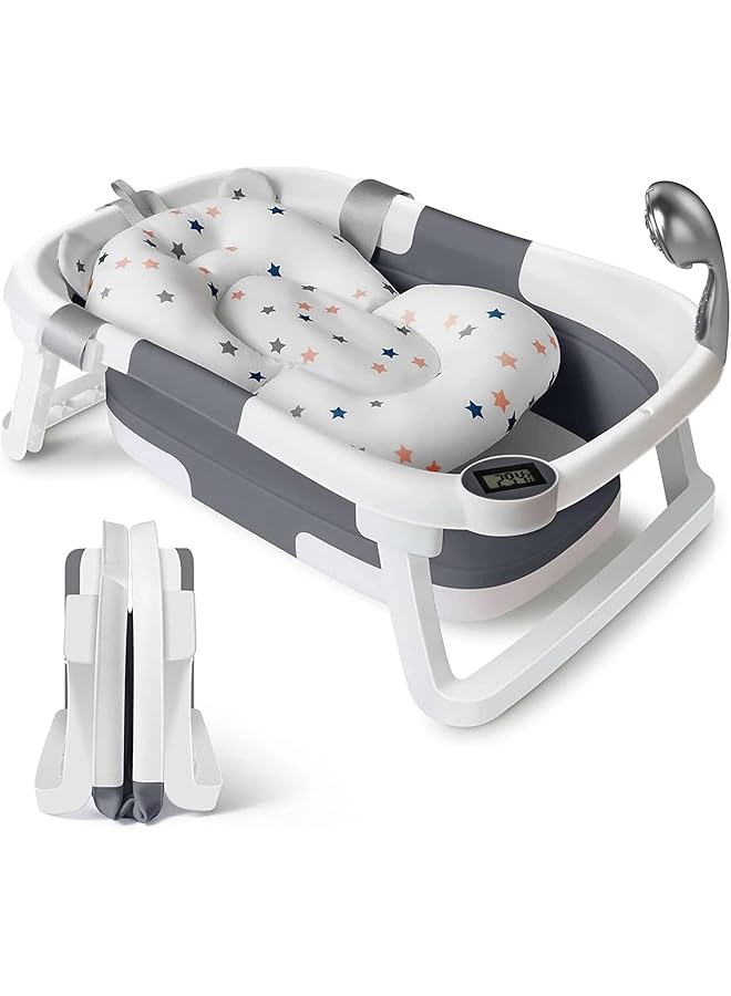 HOOKOR Collapsible Baby Bathtub Baby Bath Tub With Soft Cushion & Thermometer Portable Travel Bathtub Multifunctional Bathtub With Drain Hole Baby Folding Bathtub For Newborn 0 36 Month(Grey) - Image 1