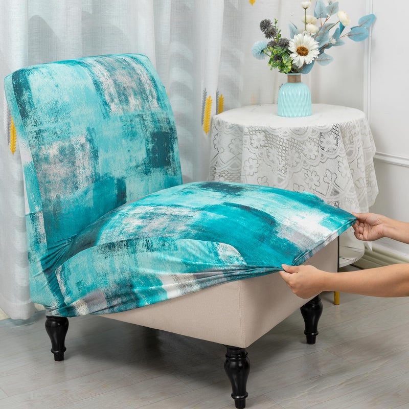 Iauddy Armless Accent Slipper Chair Cover Slipcover,Stretch Spandex Jacquard Fabric Small Checks,Non-Slip Sofa Couch Cover Furniture Protector (Turquoise, 1) - Image 2