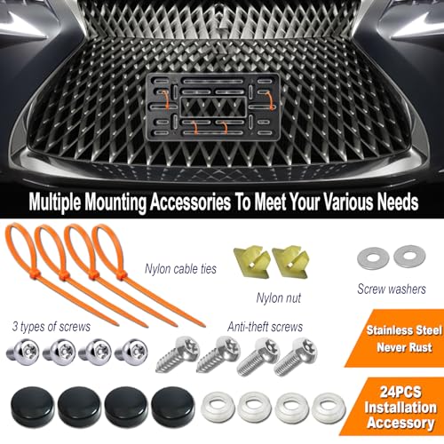 Aootf Front License Plate Bracket- Universal Bumper Mounting Kit, Car Tag Holder Adapter & Black Aluminum Plate Cover, Anti-Theft Lock Screw Bolt Caps, For US Vehicle Trailer Truck - Image 5