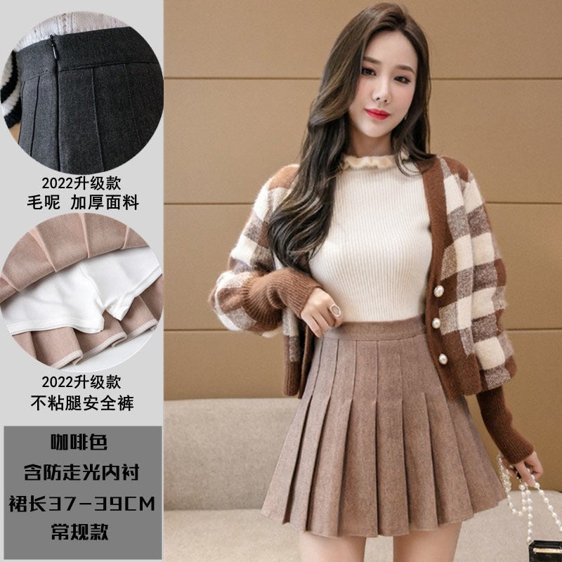 Woolen Dress Womens 2024 Autumn and Winter New Korean Style High Waist Pleated Skirt Joker Small A- line Plaid Skirt Apricot [new]]