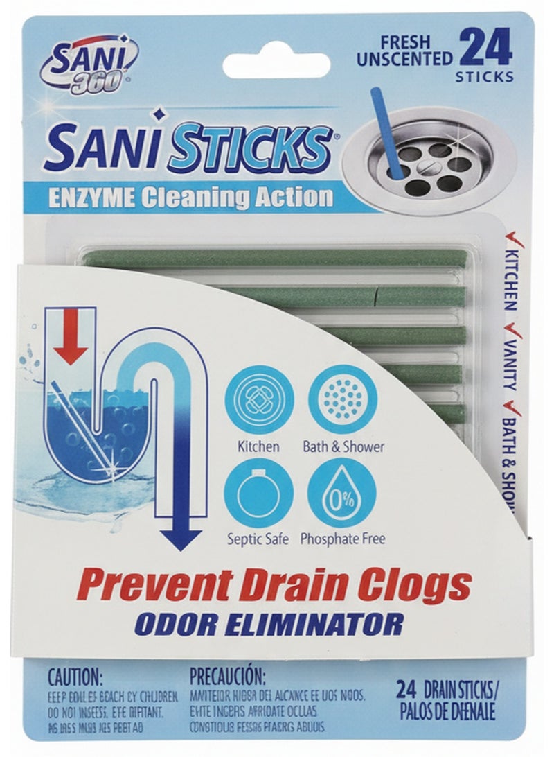ساني ستيكس منظف ​​ومزيل للروائح من المصارف، 24 قطعة، منظف أنابيب إنزيمي غير معطر يزيل الروائح ويمنع انسداد المصارف، آمن للاستخدام في الأحواض ومصارف أحواض الاستحمام وخزانات الصرف الصحي - Image 1