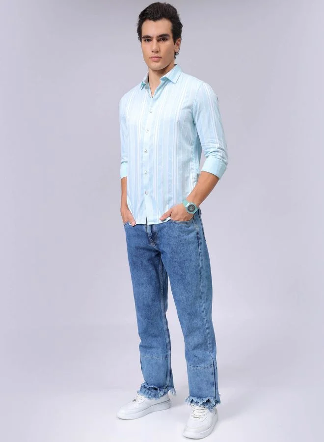 The Indian Garage Co Men Slim Fit Striped Full Sleeves Cutaway Collar Resort Wear Shirt
