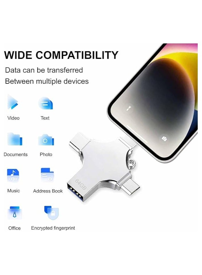 محرك أقراص فلاش USB سعة 64 جيجابايت - عصا USB 4 في 1 بسعة كبيرة، عصا ذاكرة USB عالية السرعة، سعة تخزين خارجية 64 جيجابايت للهواتف الذكية/OTG Android/الكمبيوتر/الكمبيوتر اللوحي/الكمبيوتر المحمول - Image 5