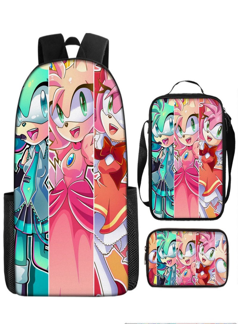 SONIC Children Backpack Schoolbag Teen Student School Book bag with Lunch Box Pen Case 3 in 1 for Kids