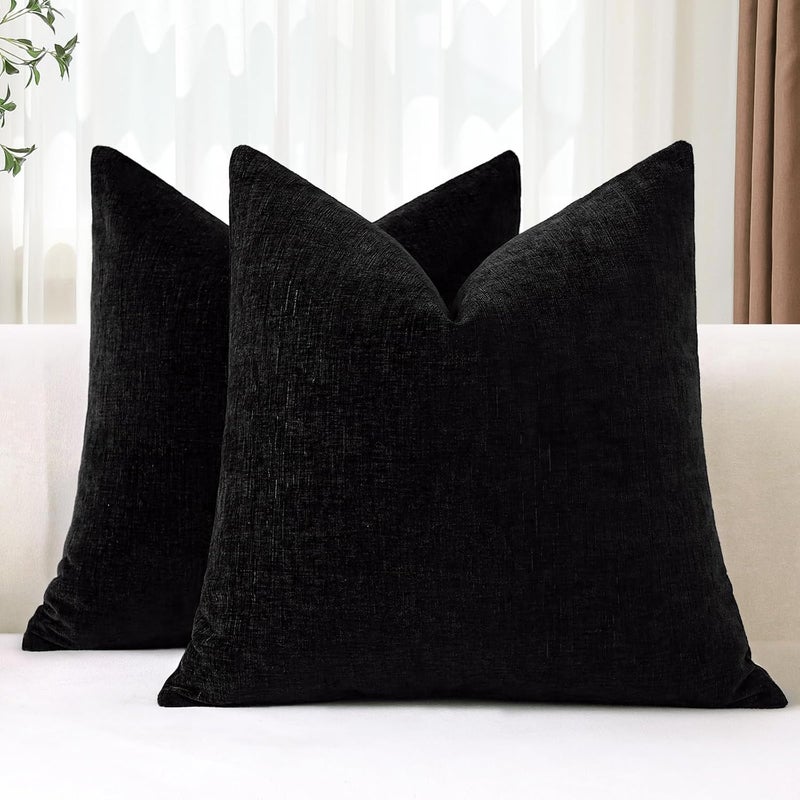 JOTOM Set of 2 Chenille Cushion Covers, Decorative Soft Plain Throw Cushion Cover, Modern Cushion Covers, Sofa Cushion, Decorative Cushion Cover for Living Room, Bedroom, Decoration (50 x 50 cm, Black - Image 1
