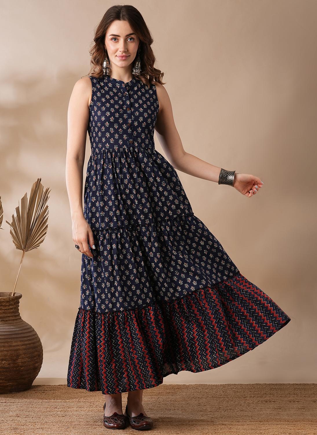 Globus Women's Blue Ethnic Block Print Tiered Fit And Flare Maxi Dress with Mandarin Collar