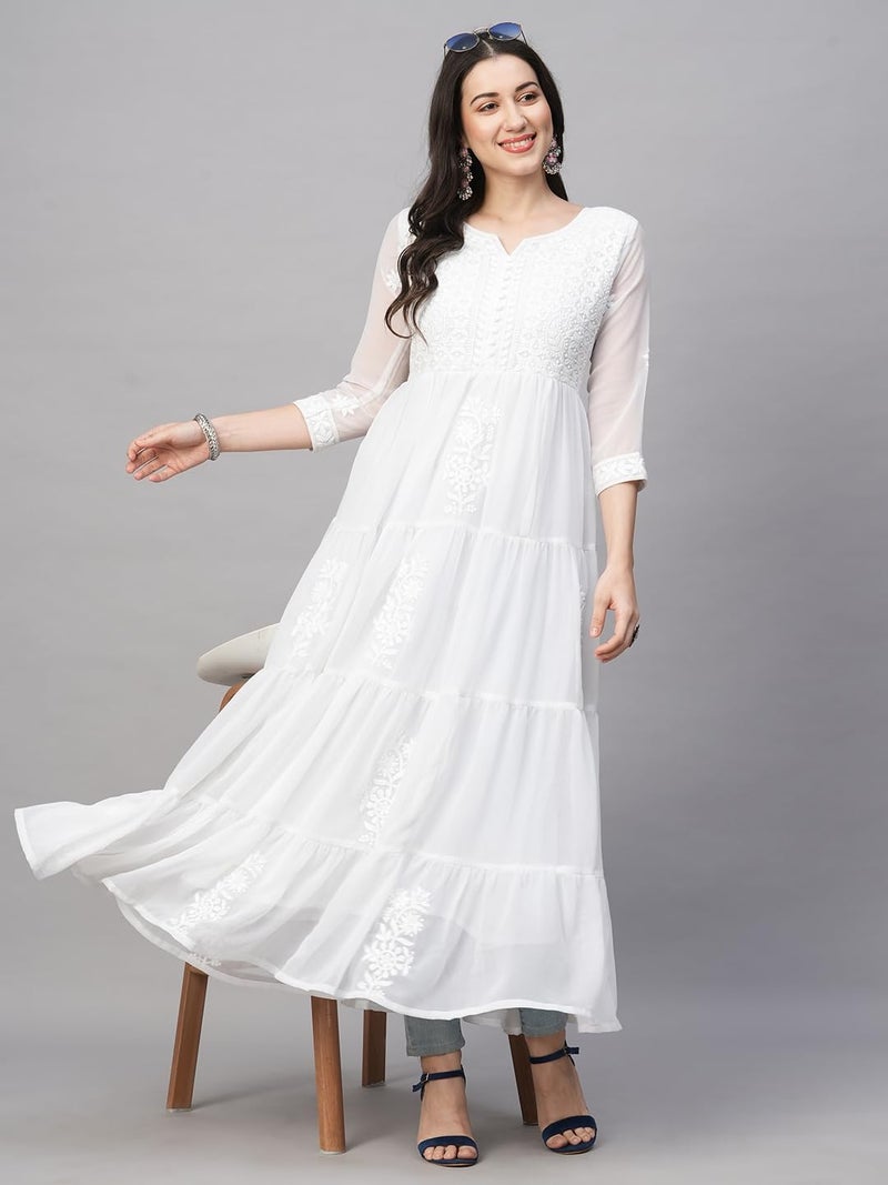 RATAN Women's Solid Georgette Tiered Chikankari Flared Regular Fit Kurti Gown Maxi Dress (Msk-Prl-S_White) - Image 2