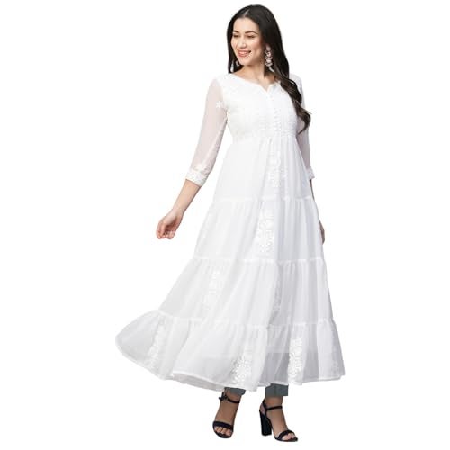RATAN Women's Solid Georgette Tiered Chikankari Flared Regular Fit Kurti Gown Maxi Dress (Msk-Prl-S_White) - Image 1