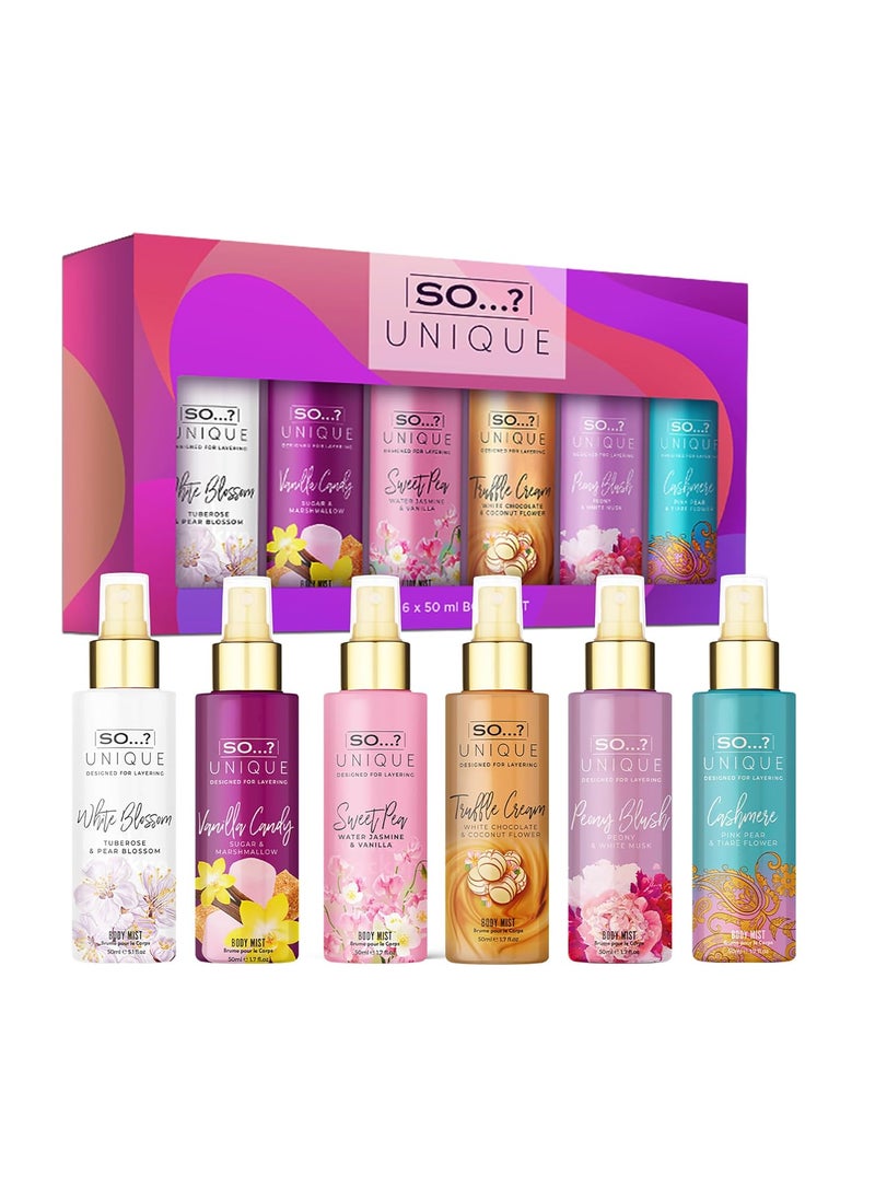 So..? So Unique Body Mist Set  Perfumes for Women with Fresh Floral Sweet Scents  6 Hour Wear Body Spray for Women  Travel Size Gift Set  6 pcs  - Image 1