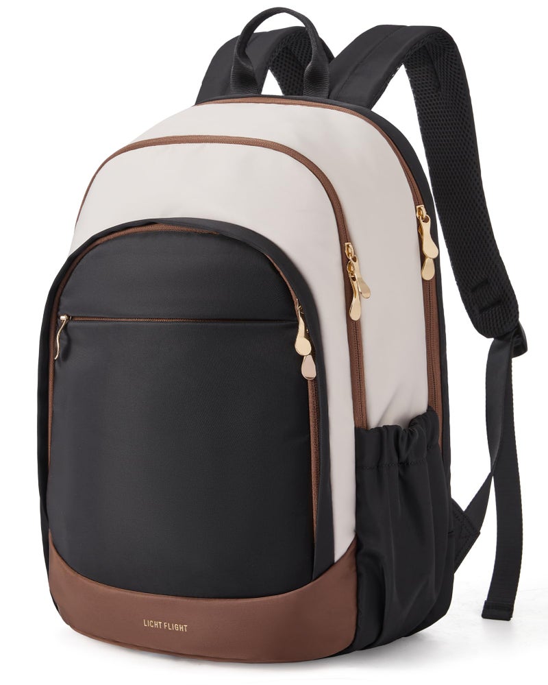 LIGHT FLIGHT Travel Backpack for Women, 15.6 Inch Laptop Backpack with USB Charging Hole, Water Resistant College Bookbag, Large Capacity Black Computer Backpacks for Work, Beige+Black - Image 1