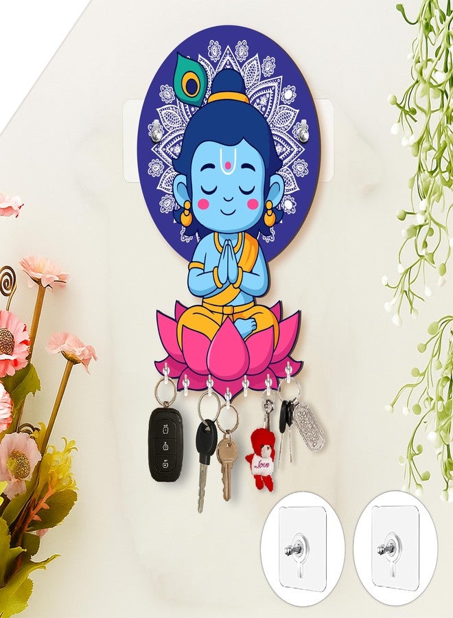 Rousrie حامل مفاتيح Rousrie Baby Krishna للمنزل بدون حفر، مصنوع من الخشب البني، يُثبت على الحائط، مزود بـ 8 خطافات، تصميم عصري أنيق للمنزل والمكتب - Image 1