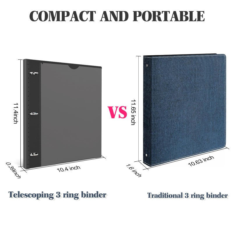 INFUN Telescoping 3 Ring Binder -4PCS-Black, Flexible Round Binder with Customizable Front Cover and Clear Catalog Pocket, 0.75 Inch Rings, Holds 160 Sheets 8.5x11 inch Paper - Image 3