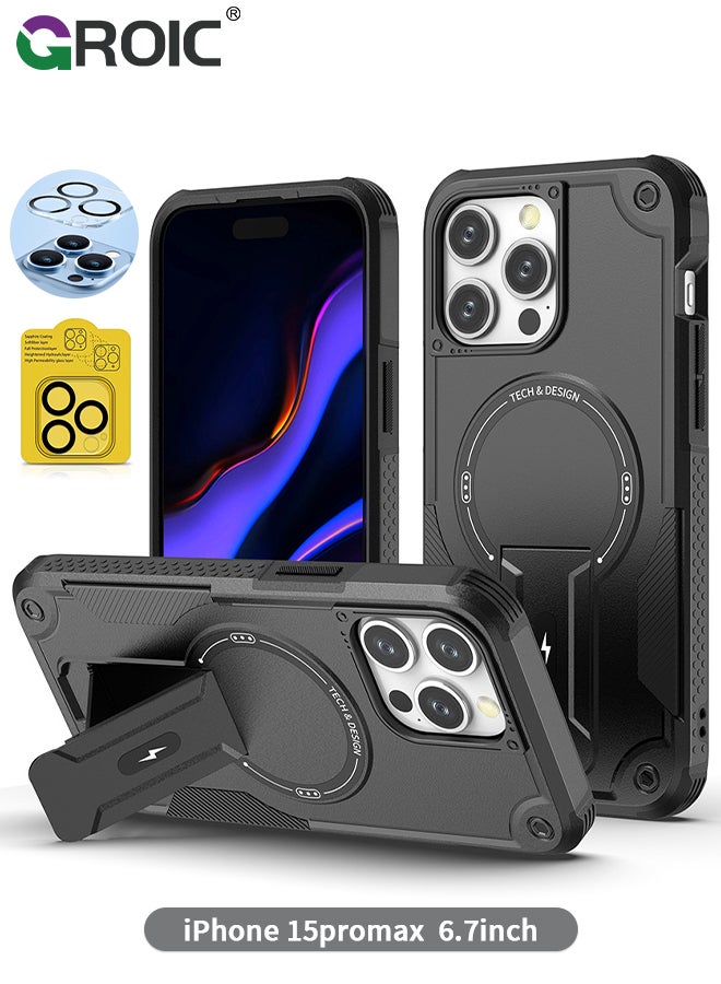 GROIC Case for iPhone 15 Pro Max 6.7 Inch Case with 1 Pack Camera Lens Protector, Built-in Stand [Compatible with MagSafe] Shockproof Vertical and Horizontal Kickstand Phone Case for iPhone 15 Pro Max - Image 1