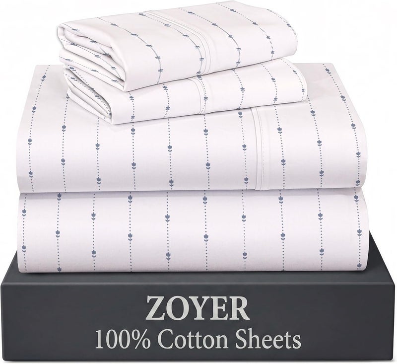 100% Cotton Sheets – King Size Percale Bedding, Cooling & Breathable, Durable with a Crisp, Soft & Comfortable Feel, 16" Deep Pocket, 4-Piece Set, Doted Bud