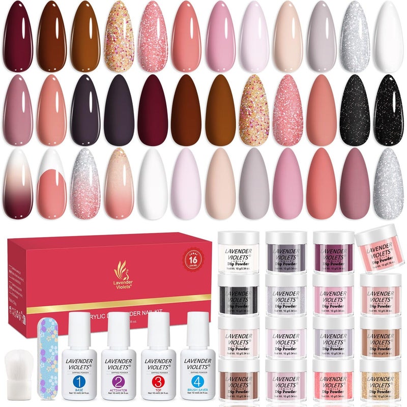 Lavender Violets 22 Pcs Dip Powder Nail Kit Starter - 16 Colors Nude Pinkish Brown Skin Tone with Base Top Coat, Activator, Brush Saver, Nail Buffer and Powder Brush M960B - Image 1