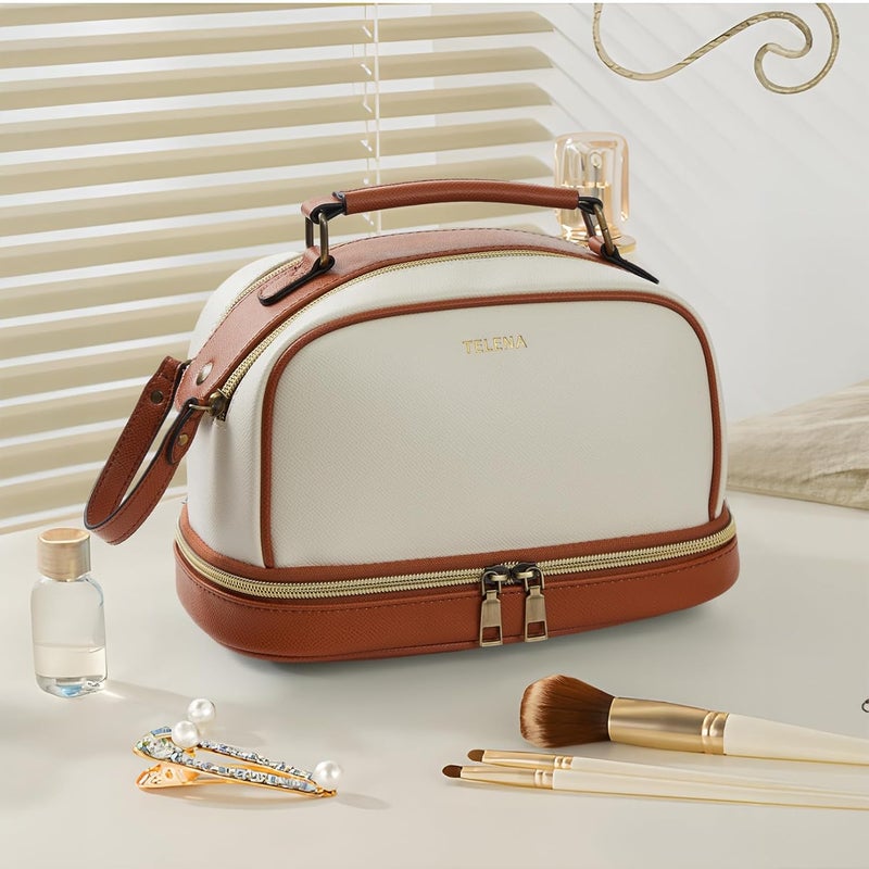 Telena Travel Cosmetic Toiletry Makeup Bag - Multifunctional Essentials Organizador,Water Resistant Accessories for Women & Girls,Portable Toiletries kits,Beige Withe - Image 2