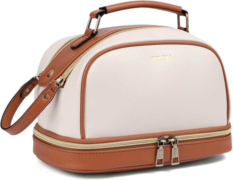 Telena Travel Cosmetic Toiletry Makeup Bag - Multifunctional Essentials Organizador,Water Resistant Accessories for Women & Girls,Portable Toiletries kits,Beige Withe - Image 1
