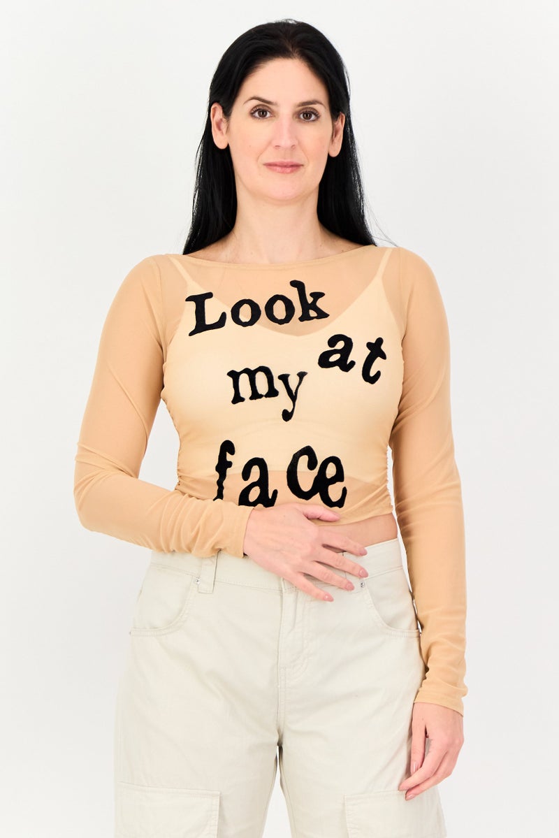 Bershka Women Round Neck Long Sleeve Textured Mesh Top, Brown - Image 1