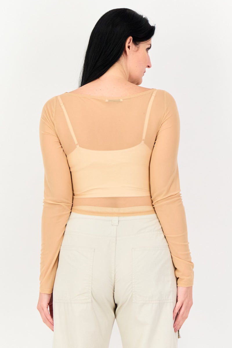 Bershka Women Round Neck Long Sleeve Textured Mesh Top, Brown - Image 3