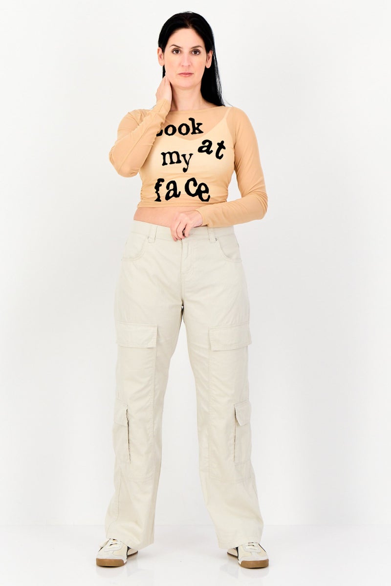 Bershka Women Round Neck Long Sleeve Textured Mesh Top, Brown - Image 4