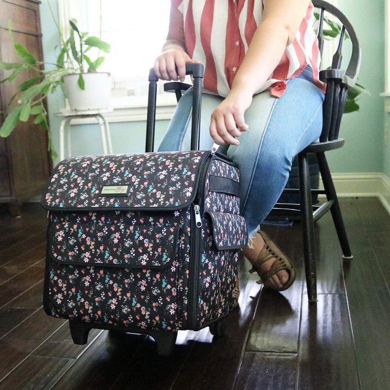 everything Mary Rolling Serger Machine Tote – Black Floral Carrying Case for Overlock Machines – Compatible with Brother, Singer & Juki – Sewing Thread & Supplies Organizer - Image 4
