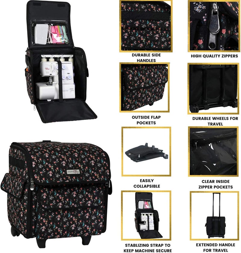 everything Mary Rolling Serger Machine Tote – Black Floral Carrying Case for Overlock Machines – Compatible with Brother, Singer & Juki – Sewing Thread & Supplies Organizer - Image 5
