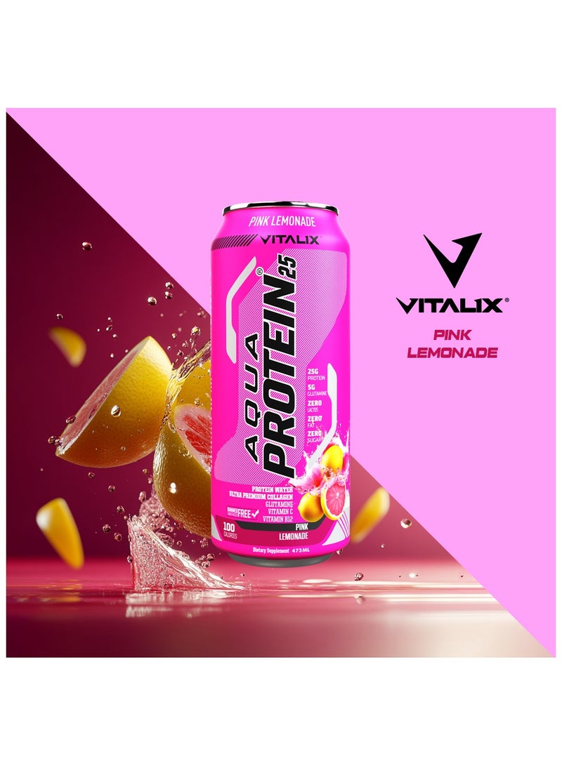 Aqua Protein 25 Pink Lemonade - Protein Water with 25g Protein - Collagen, Glutamine, Vitamins B,Lactose Free, Sugar Free, Zero Fat, 473ml Pack of 12