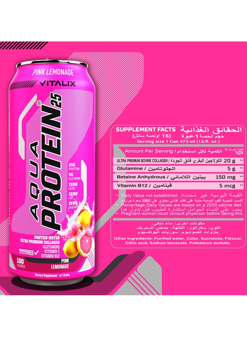 Aqua Protein 25 Pink Lemonade - Protein Water with 25g Protein - Collagen, Glutamine, Vitamins B,Lactose Free, Sugar Free, Zero Fat, 473ml Pack of 12
