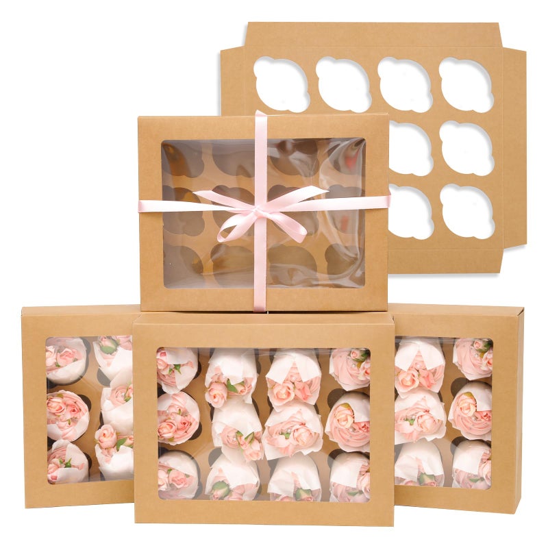 Bakepacker 12 Cupcake Containers 6-Packs Brown Cupcakes Carrier, 12 Cupcake Boxes with Window 13"x10"x3.5" - Image 1