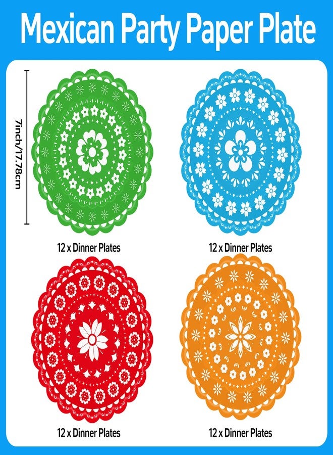 KFJBPB 48 PCS Mexican Fiesta Paper Plates 7 Inch, Disposable Cinco De Mayo Party Plates Mexico Papel Picado Dinner Cake Dessert Plate for Carnival Pinata Taco Dance Birthday Decorations (Fiesta) - Image 2