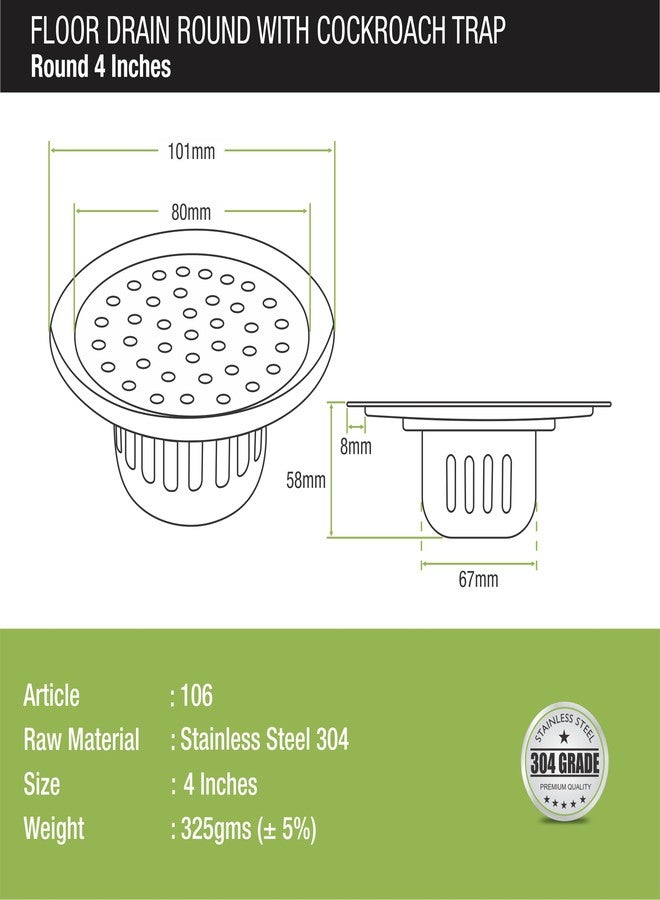 Lipka 4 Inches Round Shaped Classic Floor Water Drain with Cockroach Trap/Jali and Plain Holes, 304 Grade Stainless Steel Grating Trap Drain Cover for Rust-Free, Corrosion-Resistant, Durable (Silver) - Image 2