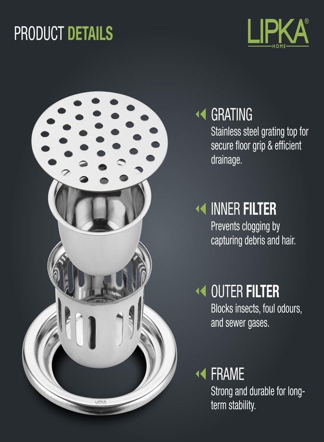 Lipka 4 Inches Round Shaped Classic Floor Water Drain with Cockroach Trap/Jali and Plain Holes, 304 Grade Stainless Steel Grating Trap Drain Cover for Rust-Free, Corrosion-Resistant, Durable (Silver) - Image 4