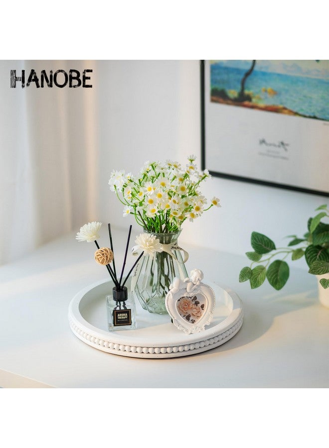 Hanobe صينية تقديم زخرفية هانوبه خشبية: صينية دائرية بيضاء للقاعة الريفية، صواني خشبية مزخرفة لمطبخ المزرعة، صينية دائرية لزينة الطاولة، قطعة مركزية عتيقة لغرفة المعيشة، منظم منزلي - Image 2