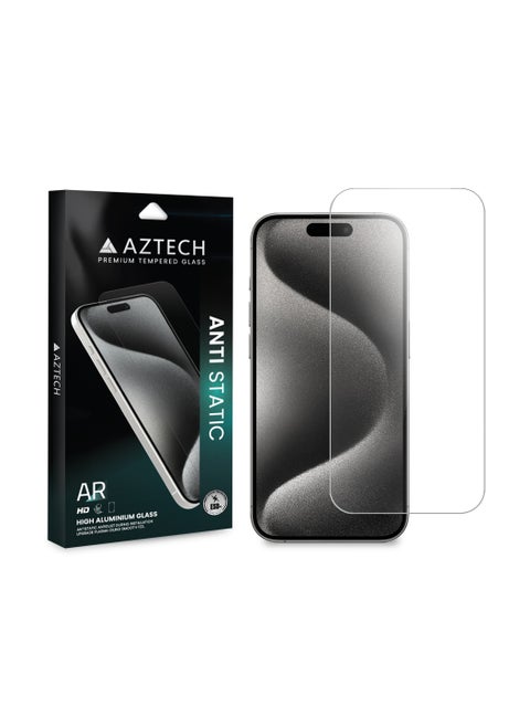 AZTECH Premium Clear Tempered Glass for iPhone 15, Anti Static,High Aluminium Glass, AR translucency process, Bare hand feel, Fingerprint, oil and stain resistance and Smooth touch, including free cleaning wipes for making it easy to clean and apply.