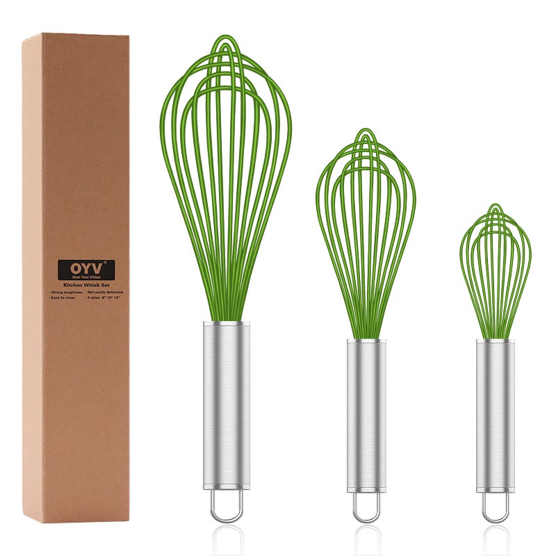 OYV Silicone Whisk,Professional Whisks For Cooking Non Scratch,Stainless Steel & Silicone Wisk,Plastic Rubber Whisk Tool For Nonstick Cookware Pans,Silicon Wisks Set of 3,Green. - Image 1