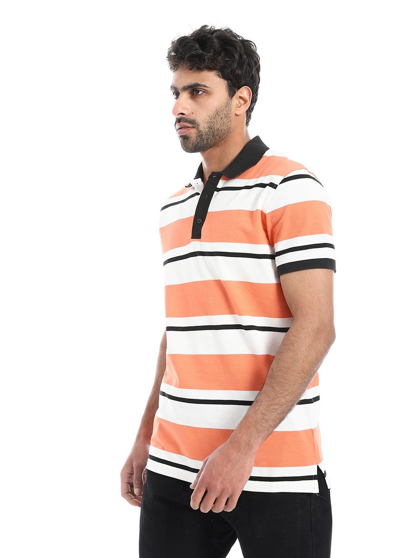 Pavone Short Sleeves Striped Polo Shirt - Orange, White & Black - Image 2