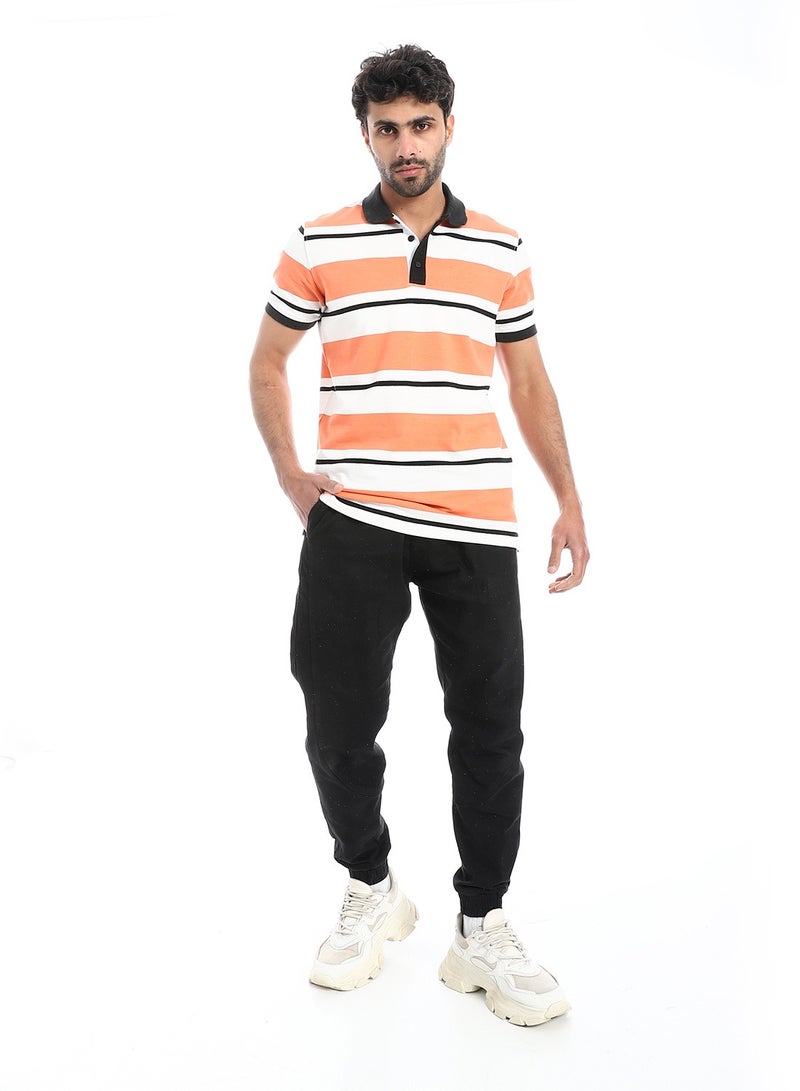 Pavone Short Sleeves Striped Polo Shirt - Orange, White & Black - Image 5