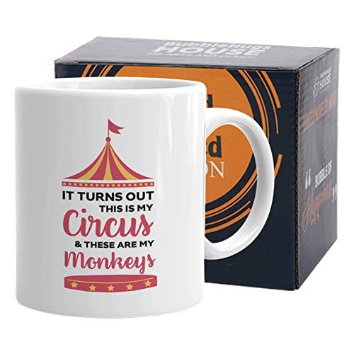 Bubble Hugs Circus Coffee Mug 11 oz, This Is My Circus And These Are My Monkeys Funny Sarcasm Humorous Gift Ceramic for Friends Coworker Employee Men Women, White - Image 1