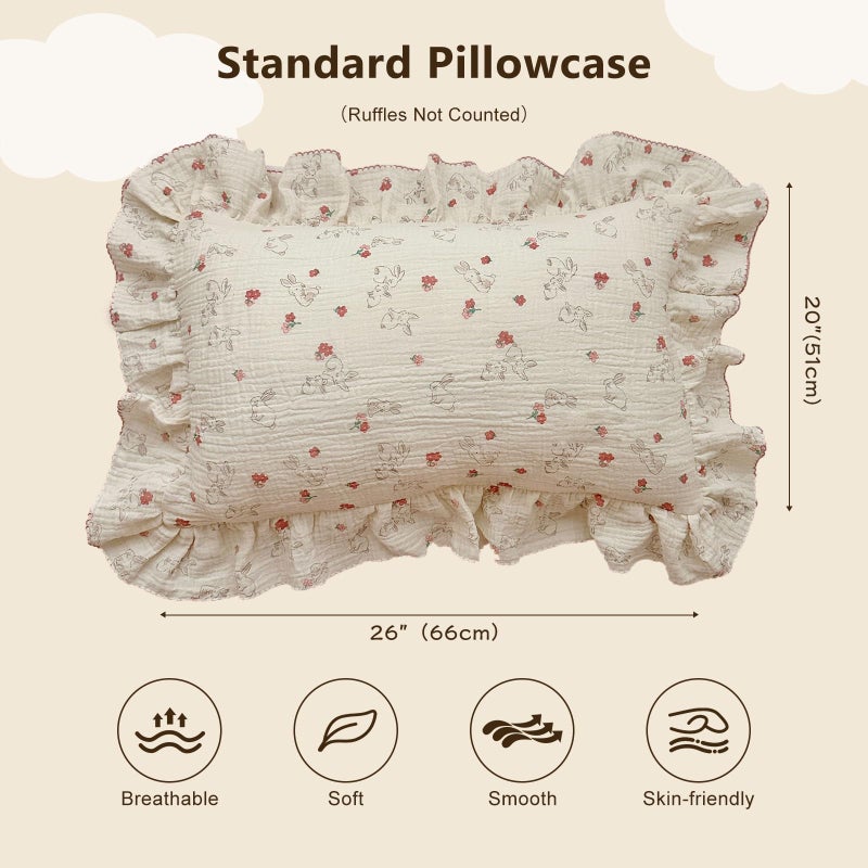 Bulutu Rabbit Floral Toddler Pillowcase Muslin Cotton Kids Pillow Case Standard Size  20""X26""  Soft Breathable Children Bedding Pillow Cover For Girls Boys 1 Piece  Bunny Pattern - Image 2