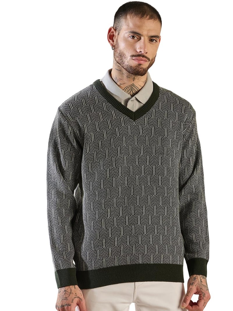 Pivl Men's Winter V Neck Trendy Sweater_Olive_XL - Image 1