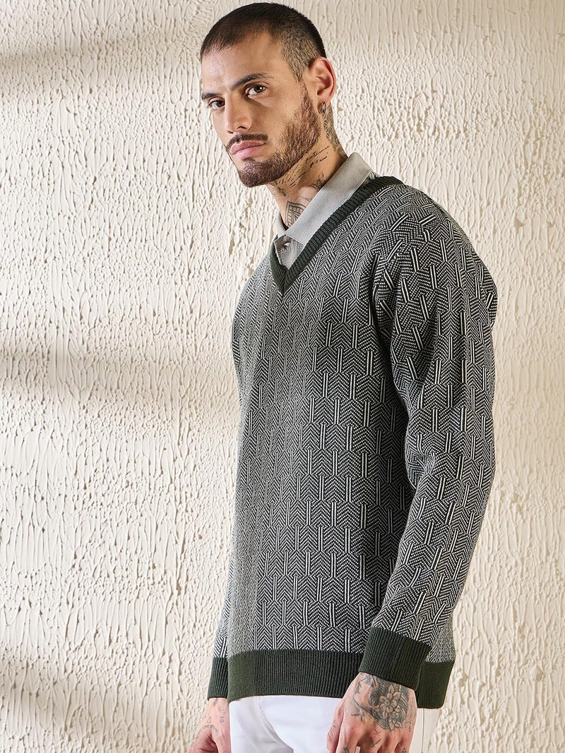 Pivl Men's Winter V Neck Trendy Sweater_Olive_XL - Image 3
