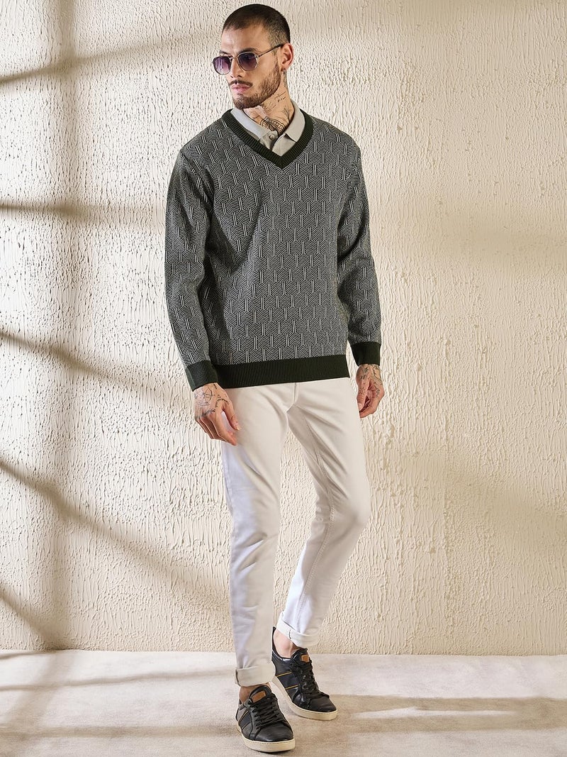 Pivl Men's Winter V Neck Trendy Sweater_Olive_XL - Image 5