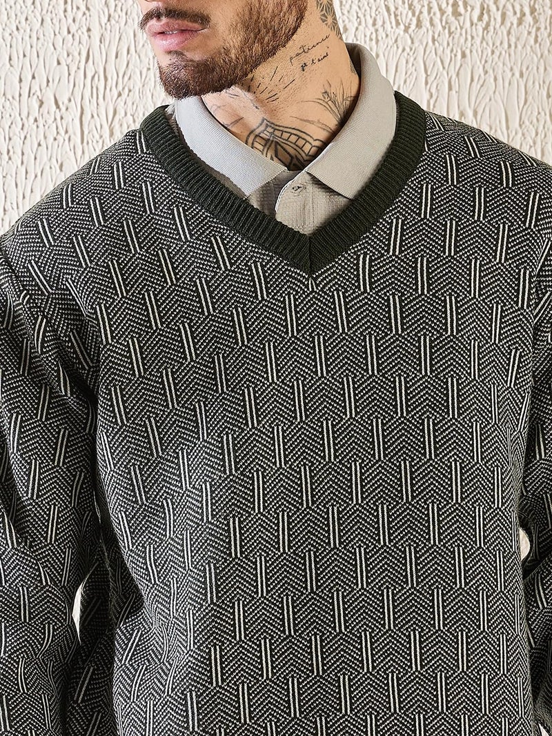 Pivl Men's Winter V Neck Trendy Sweater_Olive_XL - Image 2