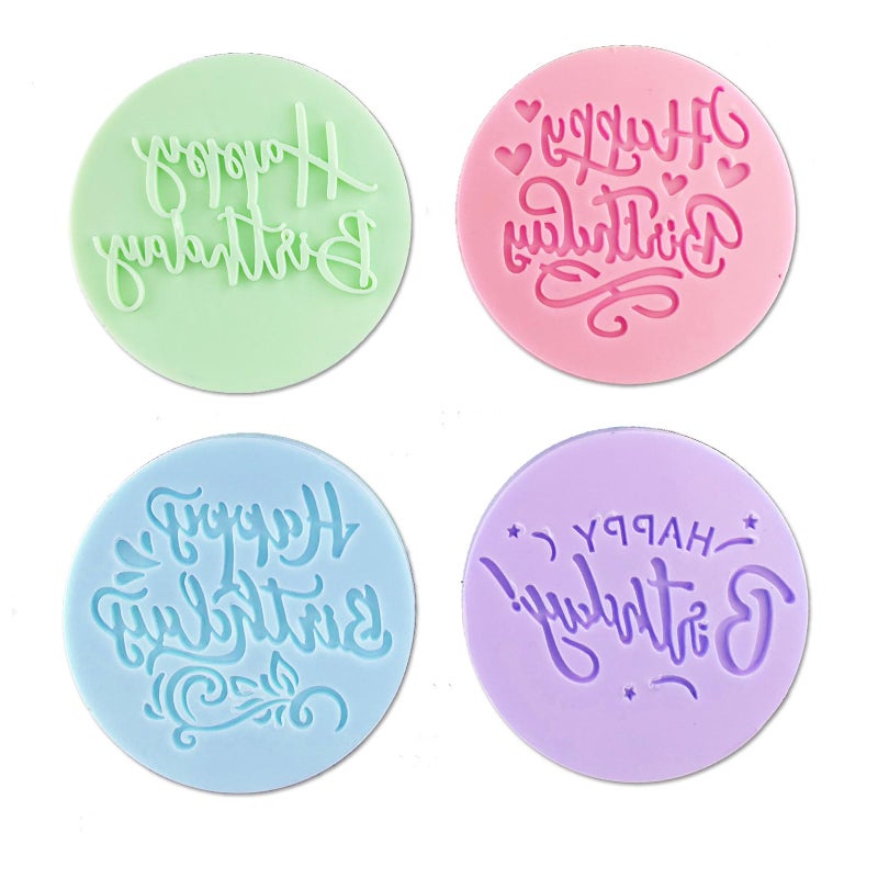 Mivofun 4Pcs Happy Birthday Fondant Embosser 3D Design Acrylic Mould Cookie Stamp Cookie Cutters for DIY Baking CakeSugar PasteCupcakeChocolate 315 inch Random Colors
