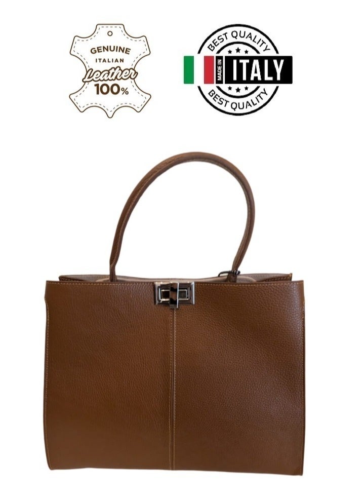 Lightweight Genuine Calf Leather Woman's Brown Handbag, Made In Italy  - Image 4