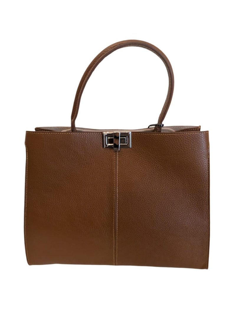 Lightweight Genuine Calf Leather Woman's Brown Handbag, Made In Italy  - Image 2