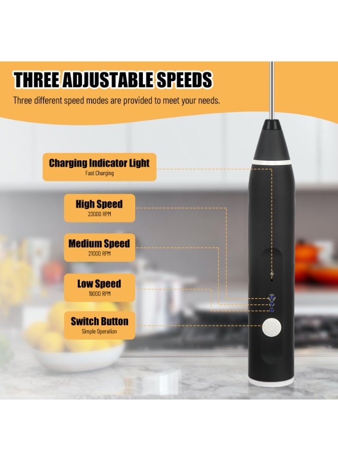 Rechargeable Electric Milk Frother USB-C Handheld Foam Maker, 10W High Power, 304 Stainless Steel Whisk, 3-Speed Adjustable, Stainless Steel Whisks for Coffee, Lattes, Cappuccinos – Black - Image 5